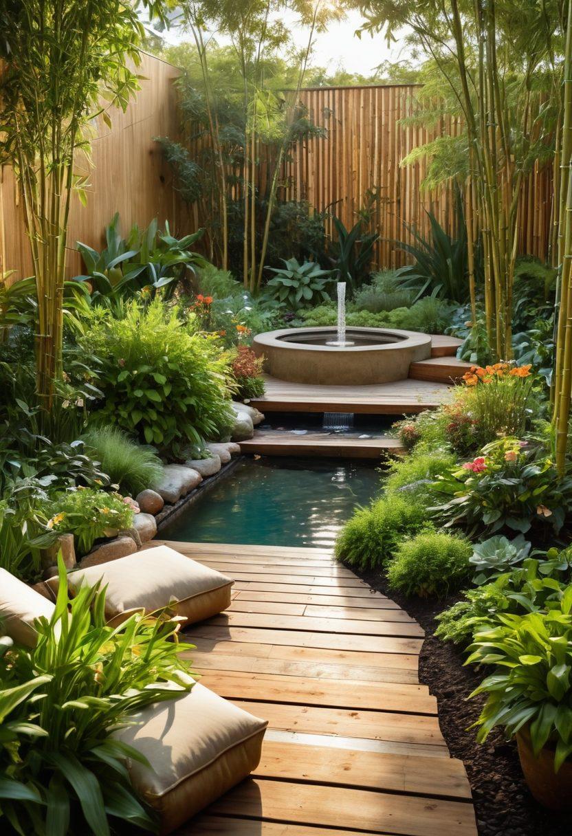 A tranquil outdoor space featuring lush greenery, vibrant flowers, and harmonious water features, emphasizing sustainable materials like bamboo and recycled wood. Imagine a cozy seating area with soft, eco-friendly cushions surrounded by nature, all bathed in warm, golden sunlight. Include elements like solar-powered lanterns and a small vegetable garden in the background, creating a serene and inviting atmosphere. super-realistic. vibrant colors. natural lighting.