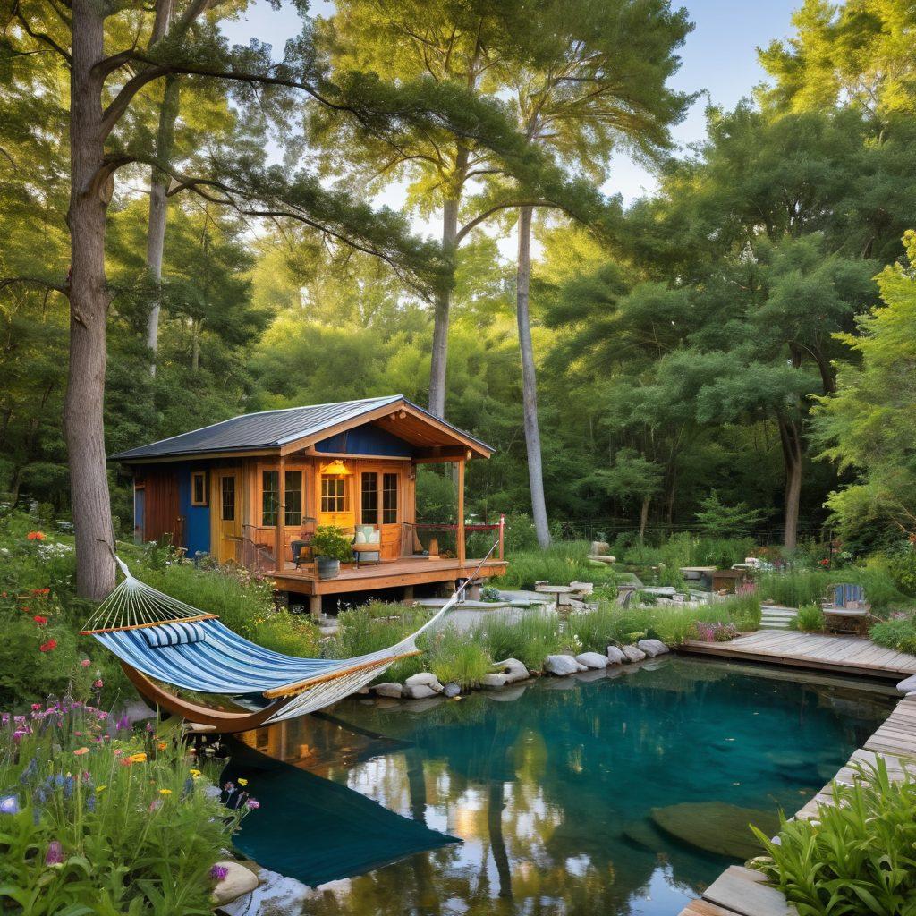 A serene outdoor retreat featuring a cozy wooden cabin nestled among lush greenery, surrounded by colorful wildflowers and a tranquil pond reflecting the sky. Include elements like solar panels on the cabin, a small garden with herbs, and a hammock strung between trees for relaxation. The ambiance is peaceful, inviting the viewer to imagine unwinding in nature. vibrant colors. painting.